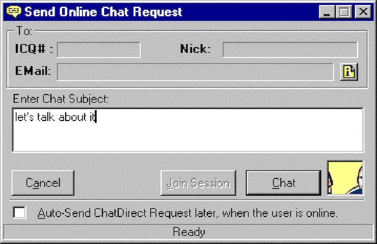 L'invio di una richiesta di chat tramite ICQ 